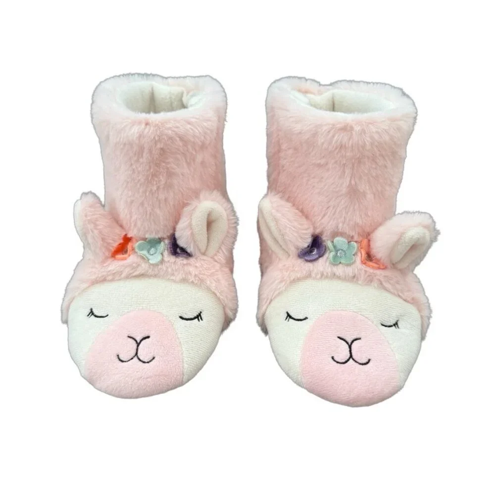 Cat & Jack Llama Animal Face Bootie Slippers Plush Pink Girls XL 11/12